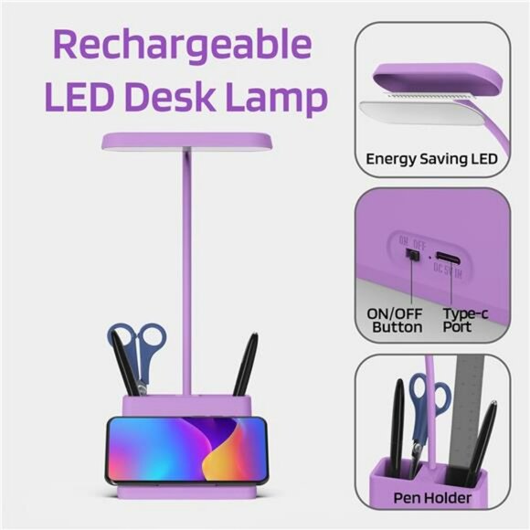Purple rechargeable desk lamp LED cordless study table light for dorm room offic - Picture 4 of 7